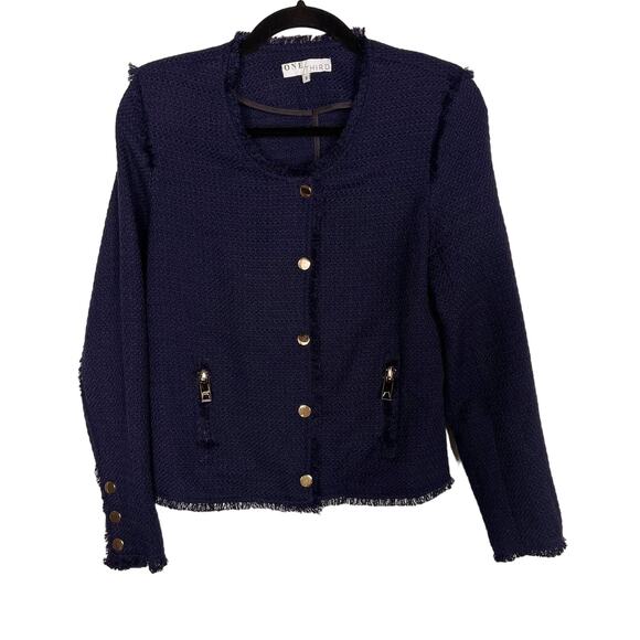 One Third S Navy Blue Tweed Fringe Trim Blazer Jacket 01 Zip Front Collarless - Picture 1 of 9